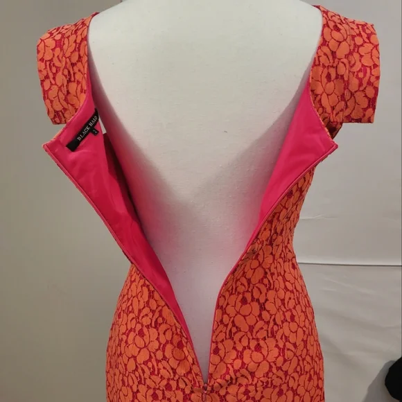 Black Halo Jackie-O Cotton Blend Raschel Lace Orange Pink Pencil Midi Dress Sz 2